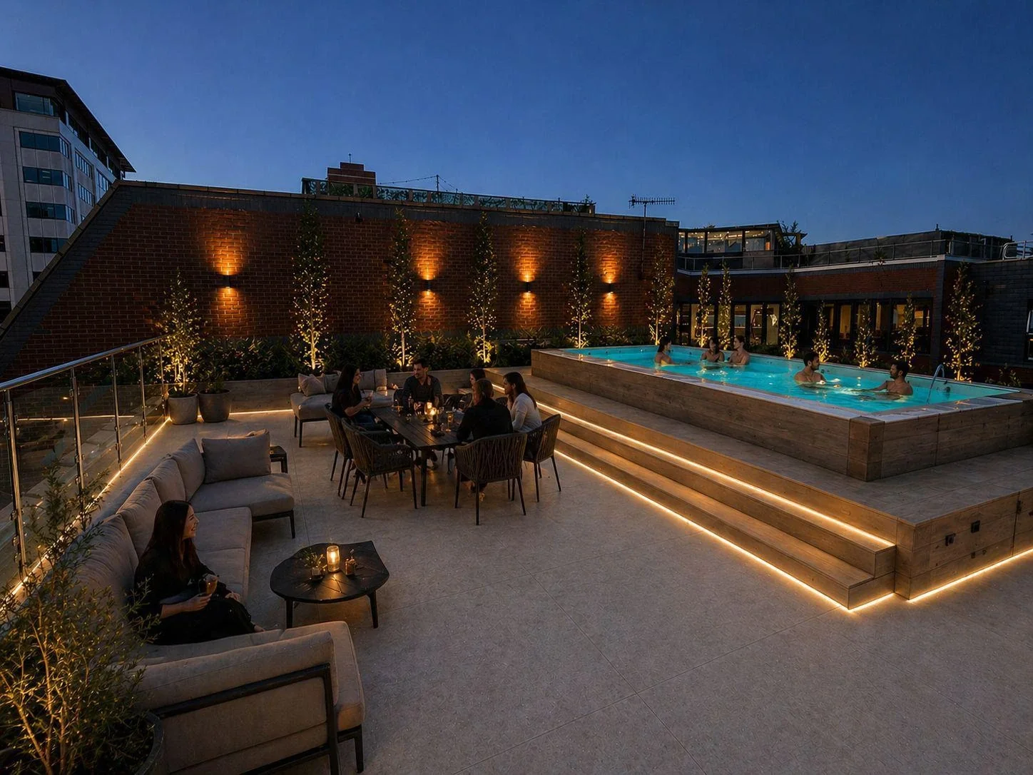 Community rooftop terrace at The Residence at dusk